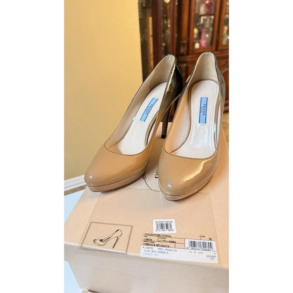Prada Vernice Sfumata Ombre Patent Leather Pumps Heels Nude Black EU 36 Box